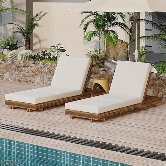 Merax 2-Piece Acacia Wood Chaise Lounge Set w/ 6-Position Adjustable Backrest & Cushion - Outdoor Patio Poolside Furniture, Beige