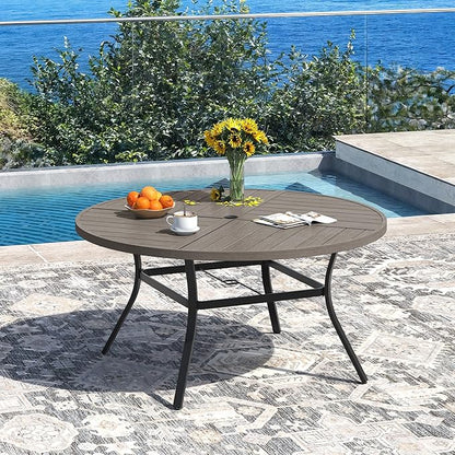 DIFY 50" Round Outdoor Patio Dining Table for 6, Metal Patio Table with 1.57" Adjustable Umbrella Hole, All-Weather Outdoor Furniture Table for Garden Backyard Deck, Grey Wood-Like