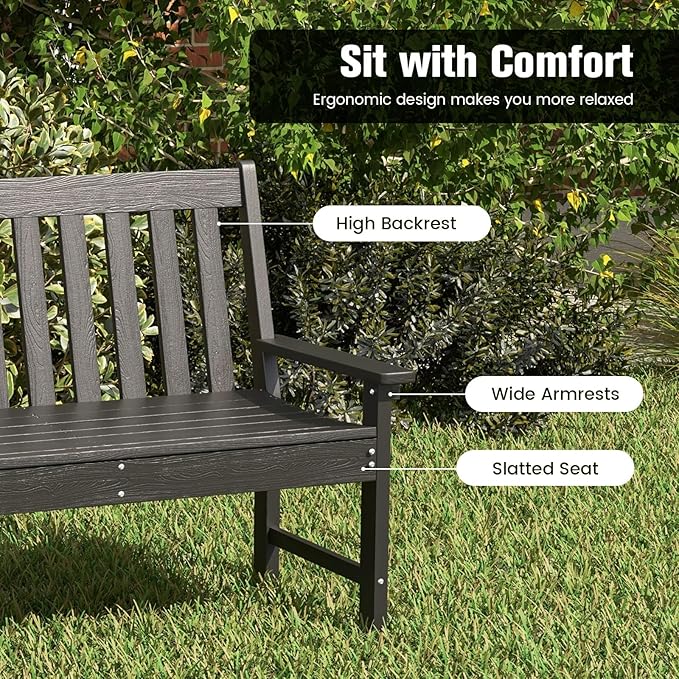 Tangkula HDPE Outdoor Garden Bench with Backrest, 2-Person All-Weather Patio Loveseat Chair with Slatted Seat, 705 lbs Weight Capacity, Patio Benches for Balcony, Garden, Porch, Backyard & Park, Black