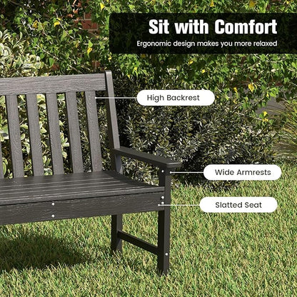 Tangkula HDPE Outdoor Garden Bench with Backrest, 2-Person All-Weather Patio Loveseat Chair with Slatted Seat, 705 lbs Weight Capacity, Patio Benches for Balcony, Garden, Porch, Backyard & Park, Black
