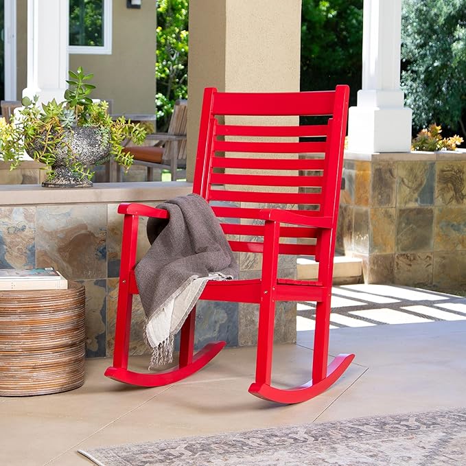 Shine Company Modern Wood Rocking Chair, Ergonomic Wide Seat Porch Rocker, Chili Pepper