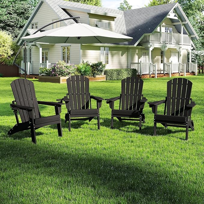 Folding Adirondack Chair Set of 4，Wooden Textured Fire Pit Chair with Cup Holder, Heavy All-Weather HDPE Plastic Outdoor Patio Chairs for Poolside Backyard Patio Outdoor Garden