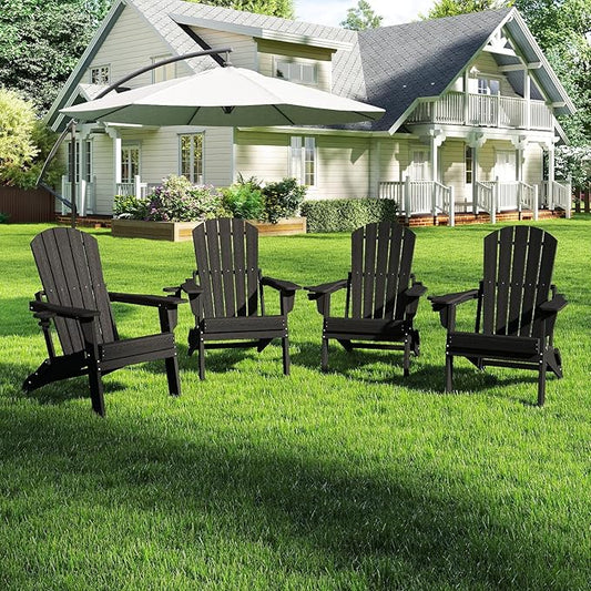Folding Adirondack Chair Set of 4，Wooden Textured Fire Pit Chair with Cup Holder, Heavy All-Weather HDPE Plastic Outdoor Patio Chairs for Poolside Backyard Patio Outdoor Garden