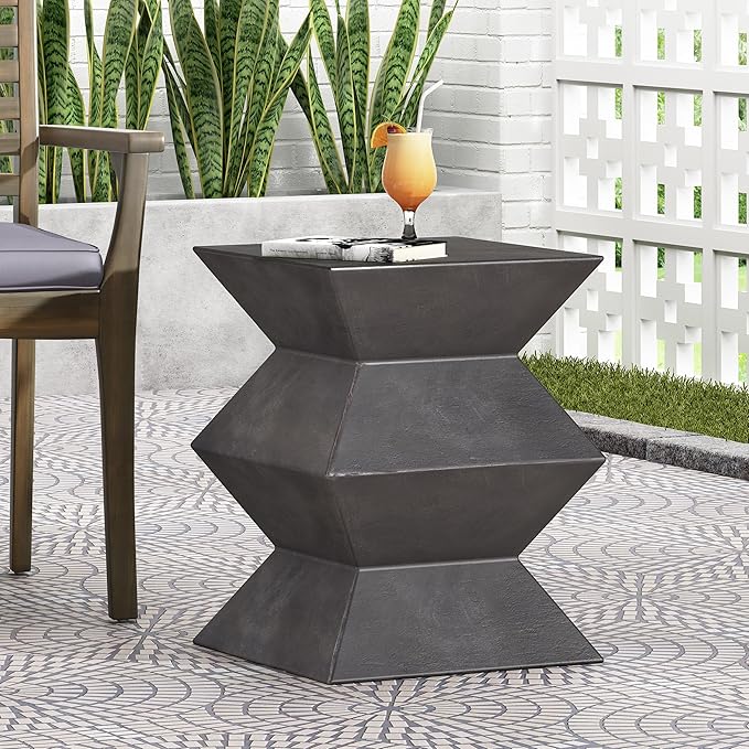 Outdoor Concrete Side Table Faux Stone End Table, Square Outdoor Accent Tables, Garden Stool Plant Stand for Porch, Backyard Patio Black