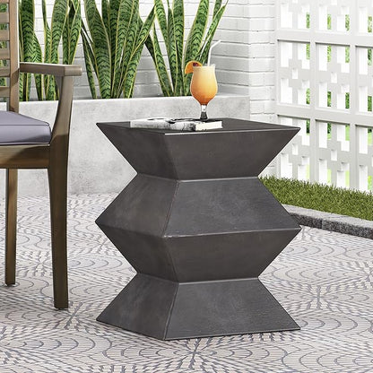 Outdoor Concrete Side Table Faux Stone End Table, Square Outdoor Accent Tables, Garden Stool Plant Stand for Porch, Backyard Patio Black