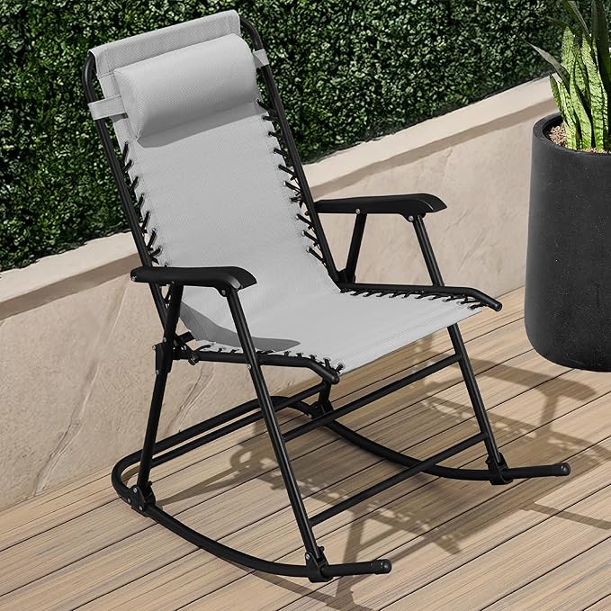 Best Choice Products Outdoor Folding Rocking Chair, Zero Gravity Lounge Chair, Patio Rocker w/Headrest Pillow - Ice Gray - Photo 2
