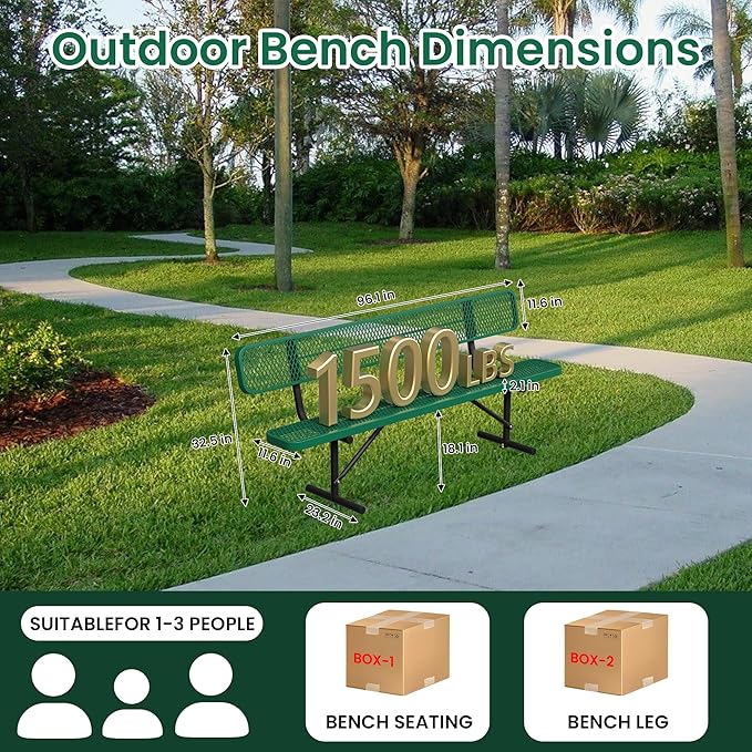 Heavy Duty Park Bench with Back Portable Frame, Outdoor Steel Bench with Backrest, Outdoor Park Bench Expanded Metal Mesh Bench for Lawn, Park, Deck, Garden, Patio, Porch, Black (Green, 8FT)