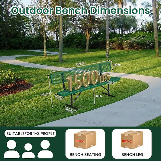 Heavy Duty Park Bench with Back Portable Frame, Outdoor Steel Bench with Backrest, Outdoor Park Bench Expanded Metal Mesh Bench for Lawn, Park, Deck, Garden, Patio, Porch, Black (Green, 8FT)