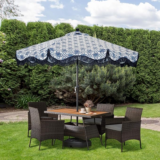 Teamson Home Outdoor PE Rattan Dining Set for Four, Removable Water-Resistant Cushions, Acadia Wood-Slated Table Top for Patios, Decks, Gardens, Poolside, or Sunrooms, Brown and Gray