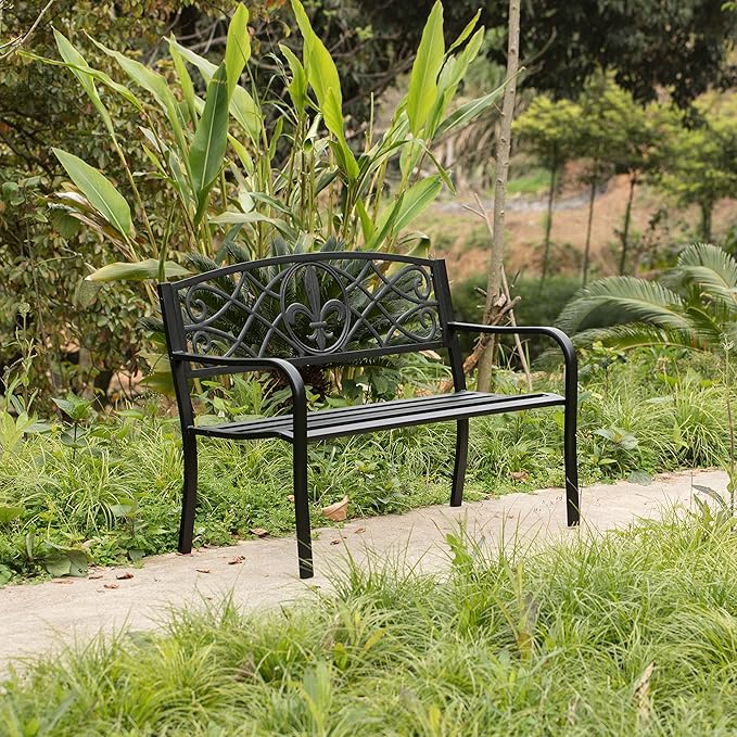 Outdoor Garden Patio Steel Park Bench Lawn Decor with Cast Iron Unique Design Back, Black Seating Bench for Yard, Patio, Garden, Balcony, and Deck