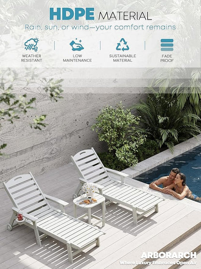 Patio Chaise Lounge Chair Set of 4, HDPE Outdoor Lounge Chairs with 5-Position Adjustable Backrest, Cup Holder and Wheels, 450lbs Capacity for Poolside Deck Backyard, All Weather Material(White)