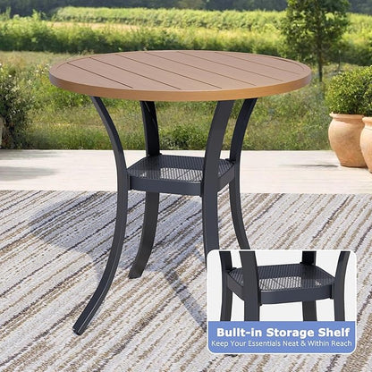 27.6" Round Patio Dining Table for 4, All-Weather Metal Patio Table with Storage Shelf, Outdoor Round Dining Table for Lawn Garden Porch, Walnut