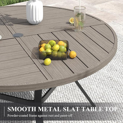 VICLLAX 40.6" Round Patio Table with Umbrella Hole, All Weather Metal Outdoor Dining Table for 4, Outside Table with Storage Shelf for Lawn Garden, Grey Wood-Grain Finish
