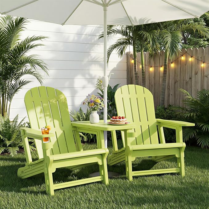 JY QAQA Outdoor Adirondack Chair Set of 2, All-Weather HDPE Patio Furniture with Detachable Table, Wood Texture & Cup Holder for Patio, Poolside, Garden, Green