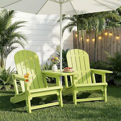 JY QAQA Outdoor Adirondack Chair Set of 2, All-Weather HDPE Patio Furniture with Detachable Table, Wood Texture & Cup Holder for Patio, Poolside, Garden, Green