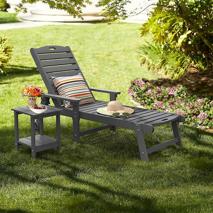 LUE BONA Lounge Chair Outdoor with Table, 2-Piece, HDPS Chaise Lounge Outdoor with Wheels, 5 Positions Adjustable Pool Lounger Chairs for Outside, Patio, Dark Gray