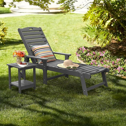 LUE BONA Lounge Chair Outdoor with Table, 2-Piece, HDPS Chaise Lounge Outdoor with Wheels, 5 Positions Adjustable Pool Lounger Chairs for Outside, Patio, Dark Gray