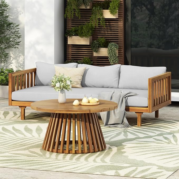 Merax Outdoor Acacia Wood Conversation Set, 3-Seat Loveseat Sofa w/Coushion and Round Coffee Table for Backyard, Patio Furniture, Teak+Light Gray