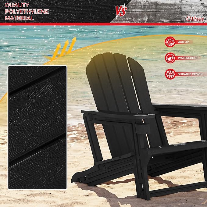 Costaelm Tool-Free Assembly Outdoor Patio HDPE Plastic Adirondack Chair with Cup Holder, Black