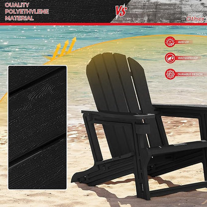 Costaelm Tool-Free Assembly Outdoor Patio HDPE Plastic Adirondack Chair with Cup Holder, Black