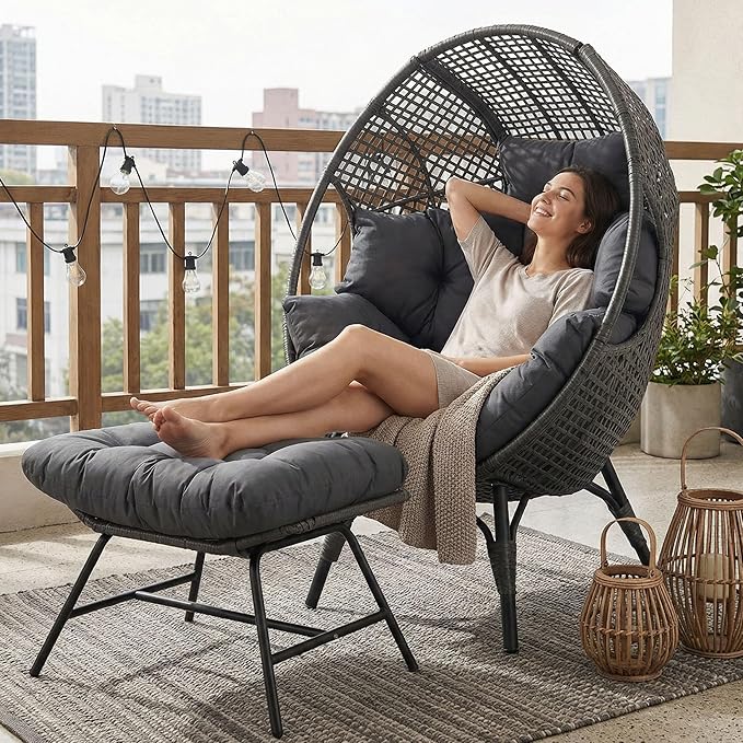 NICESOUL Patio Egg Chair with Ottoman, Indoor Outdoor Egg-Shell Lounge Chair, Cozy Oversized Round Circle Chair, Boho Rattan Egg-Shaped w/Cushion for Living Room, Balcony, Porch, Gray