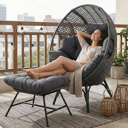 NICESOUL Patio Egg Chair with Ottoman, Indoor Outdoor Egg-Shell Lounge Chair, Cozy Oversized Round Circle Chair, Boho Rattan Egg-Shaped w/Cushion for Living Room, Balcony, Porch, Gray
