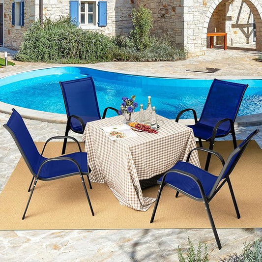 COSTWAY Patio Dining Chairs Set of 2, Stackable Outdoor Chairs with Armrest and High Back, Breathable Fabric & Metal Frame Chair for Garden Poolside Backyard Deck (Navy)