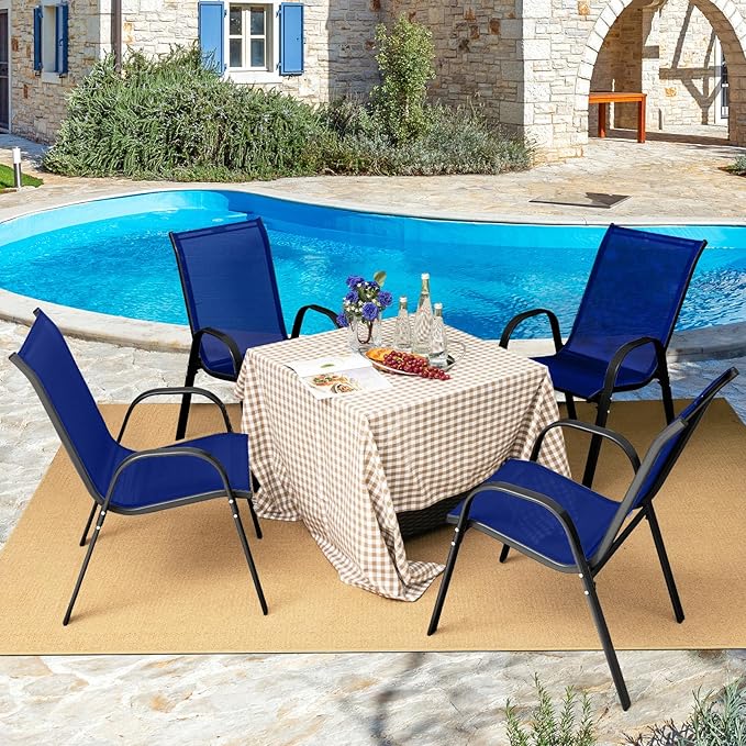 COSTWAY Patio Dining Chairs Set of 4, Stackable Outdoor Chairs with Armrest and High Back, Breathable Fabric & Metal Frame Chair for Garden Poolside Backyard Deck (Navy)