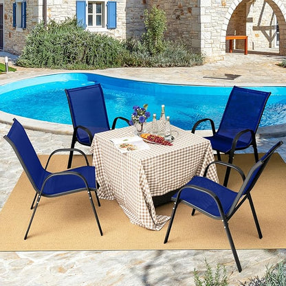 COSTWAY Patio Dining Chairs Set of 4, Stackable Outdoor Chairs with Armrest and High Back, Breathable Fabric & Metal Frame Chair for Garden Poolside Backyard Deck (Navy)
