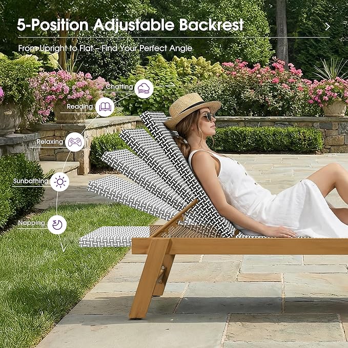 PURPLE LEAF Extra Large Patio Chaise Lounge 2 Pieces French Outdoor Wicker Lounger Matte Teak Aluminum Frame 771LBS Capacity PE Rattan Adjustable Backrest for Pool Garden Beach Backyard Black