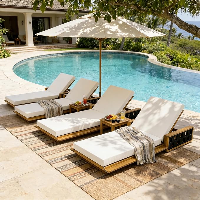 Merax Outdoor Chaise Lounge Set of 4, Acacia Wood Patio Reclining Chairs with 4-Position Adjustable Backrest, 4-Piece Sunbathing Recliner & 4" Thick Double-fold Cushion for Poolside, Garden, Beige