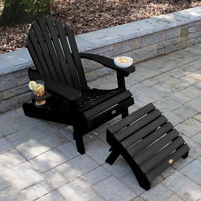 highwood AD-KITCHL5-BKE Hamilton Folding & Reclining Adirondack Chair with Ottman and Cup Holder, Black