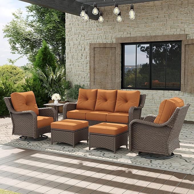 6 Piece Patio Furniture Set, All-Weather Wicker Outdoor Conversation Set with Swivel Rocking Chair and 6 Inch Thick - Photo 1