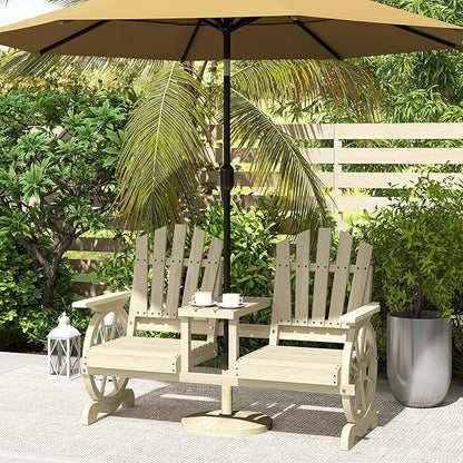 Outsunny Wooden Garden Bench with Table, Umbrella Hole, 2-Seat Wagon Wheel Outdoor Bench with Slatted Seat, High Backrest, Armrests for Backyard, Patio, Garden, Natural Wood