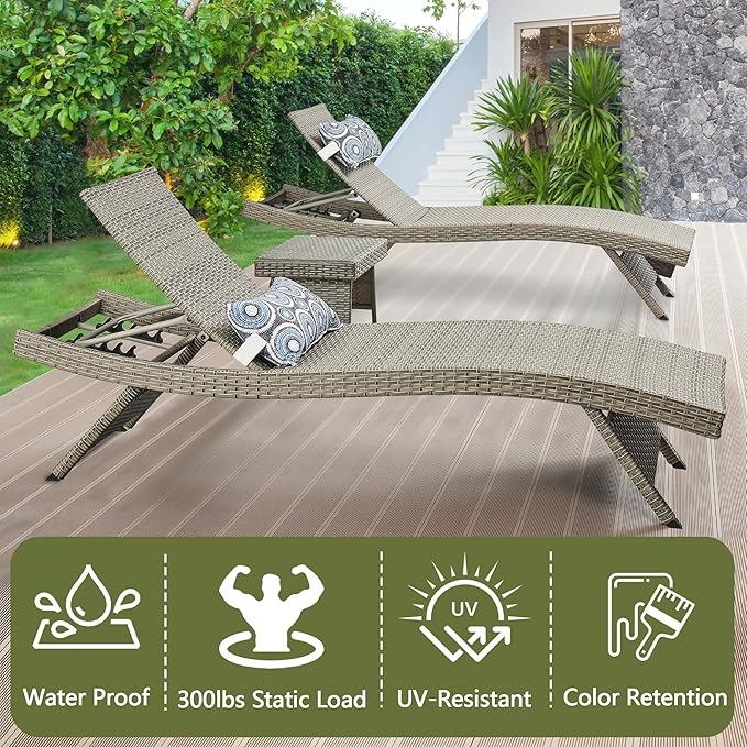 Patio Chaise Lounges, 79’’ Long Reclining Chairs with 5-Position Adjustable Backrest, PE Rattan Lounge Chair - Photo 3