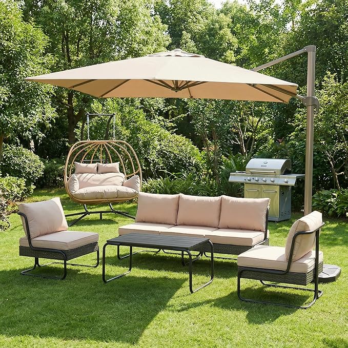 4 Piece Patio Furniture Set, Modern Patio Conversation Set for 5, All Weather Bistro Furniture Set, Metal Patio Sofas Outdoor Sectional with Coffee Table and Cushions for Lawn/Garden, Khaki