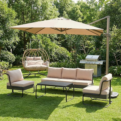 4 Piece Patio Furniture Set, Modern Patio Conversation Set for 5, All Weather Bistro Furniture Set, Metal Patio Sofas Outdoor Sectional with Coffee Table and Cushions for Lawn/Garden, Khaki