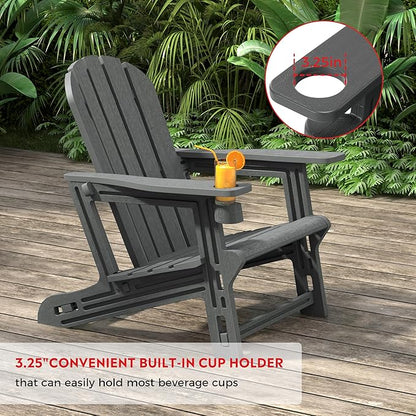 Costaelm Tool-Free Assembly Outdoor Patio HDPE Plastic Adirondack Chair with Cup Holder, Gray