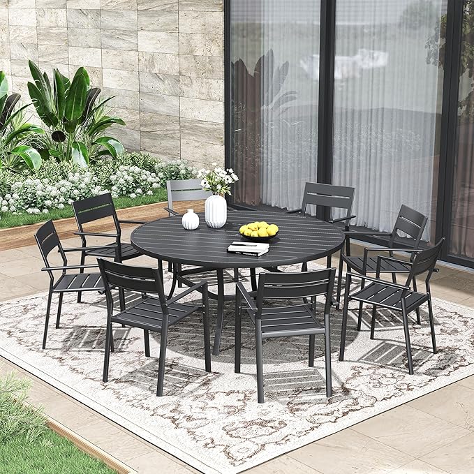 Patio Dining Table for 6-8, Round Metal Outdoor Table with 1.57" Umbrella Hole, 53" Outdoor Slat Tabletop Dining Table for Backyard, Porch, Lawn, Black