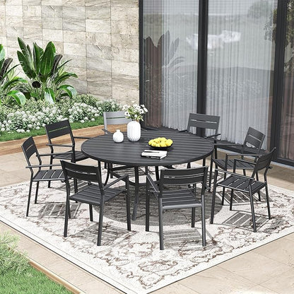Patio Dining Table for 6-8, Round Metal Outdoor Table with 1.57" Umbrella Hole, 53" Outdoor Slat Tabletop Dining Table for Backyard, Porch, Lawn, Black