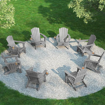 Folding Adirondack Chair Set of 8,HDPE All-Weather Outdoor Chair with Cup Holder,Wooden Textured,Fire Pit Chair,Plastic Patio Chair for Deck,Backyard,Garden,Lawn(Grey)