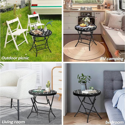 Foldable Side Table with Tempered Glass Top 18" Outdoor Folding Side Tables Small Glass Patio Table for Porch Yard Balcony Deck Lawn Dining Garden (Black and White Stripe)