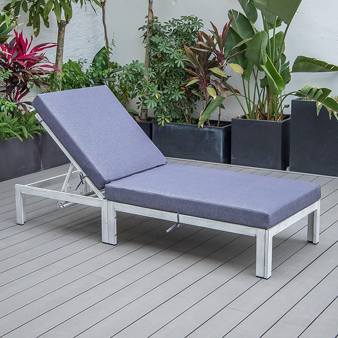 LeisureMod Modern Weathered Grey Aluminum Chaise Lounge Chair – Outdoor Patio Lounge with Cushions, Blue