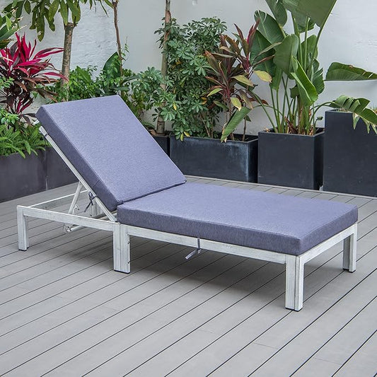LeisureMod Modern Weathered Grey Aluminum Chaise Lounge Chair – Outdoor Patio Lounge with Cushions, Blue