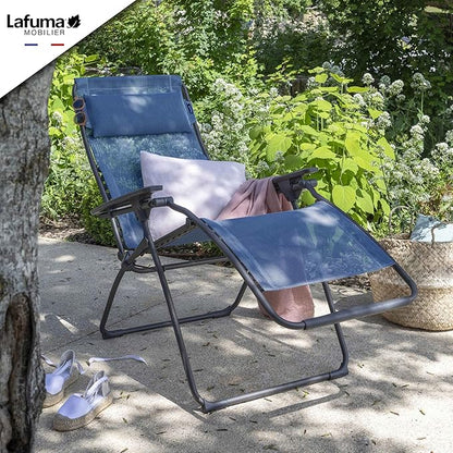 Lafuma Futura XL Zero Gravity Portable Ergonomic Outdoor Steel Framed Lawn Patio Recliner Folding Lounge Chair with Headrest Cushion, Ocean Blue