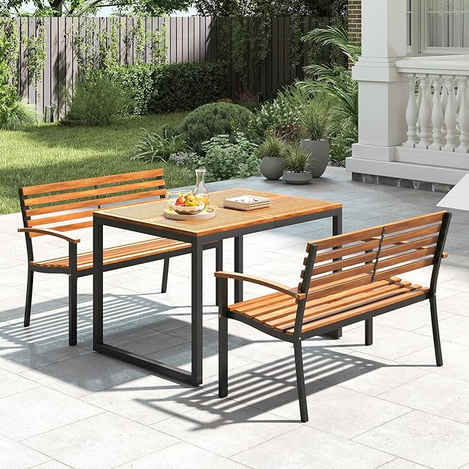 Tangkula 43" Outdoor Garden Bench, 2-Person Acacia Wood Bench with Heavy-Duty Metal Frame, Slatted Seat & Curved Armrests, 800 lbs Weight Capacity, Patio Bench for Porch, Yard, Balcony, Lawn