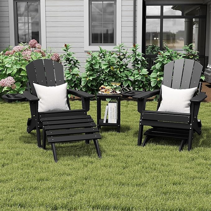 Adirondack Ottoman Set of 4, Folding Adirondack Ottoman for Adirondack Chair, HDPE All Weather Outdoor Footstool for Patio, Backyard, Porch, Garden, Black