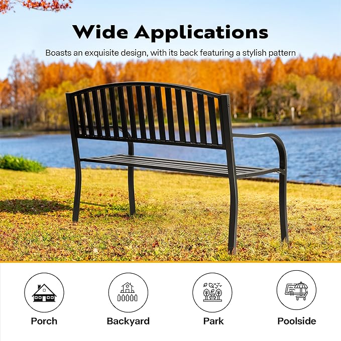 VIVOHOME 50 Inch Outdoor Garden Bench Cast Iron Metal Frame Patio Park Benches for Porch Yard Lawn