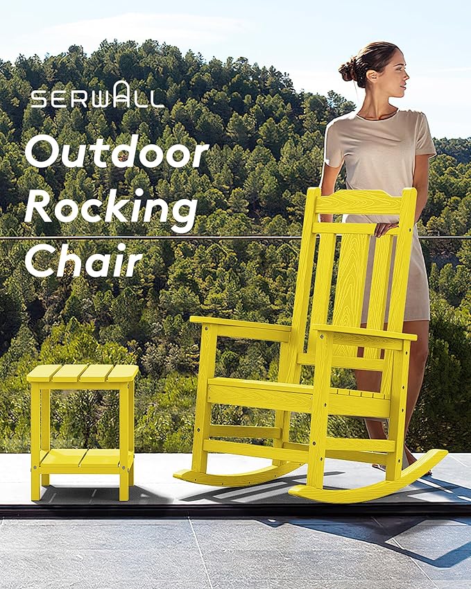 SERWALL Outdoor Rocking Chair Set of 2, Patio Rocking Chairs Set, HDPE Rocking Chair Outdoor for Adults, Heavy Duty Front Porch Rocker, Yellow