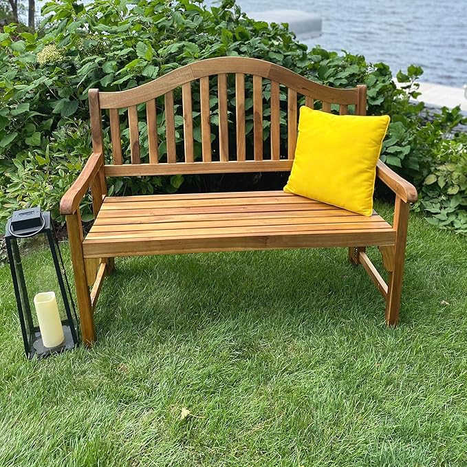Patio Wise Foldable Acacia Wood Garden Bench, 4 Foot Indoor/Outdoor Wooden Porch, Patio, & Park Seating, Curved Backrest and Armrest, 48" Wide x 24-3/4" Deep x 41" High, Teak Color